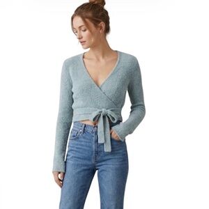 Garage Soft Fuzzy Tie-Front Wrap Crop Cardigan Dusty Blue Size P/S
